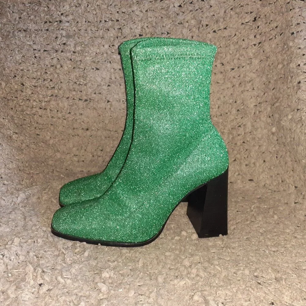 L'INTERVALLE-Green Glitter-Stretch High Heel Ankle Sock Boots-Sz 40-Near Mint - Picture 2 of 6